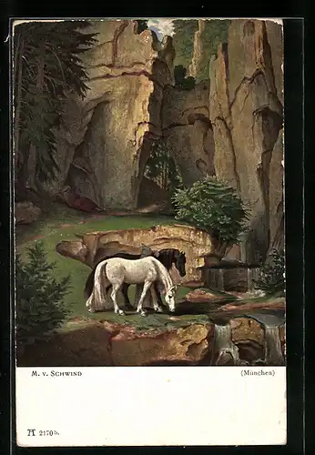 Künstler-AK Moritz von Schwind: zwei Pferde an einem Fluss