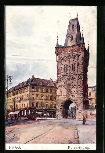 Künstler-AK Jaroslav Setelik: Prag, Pulverturm, Strassenbahn