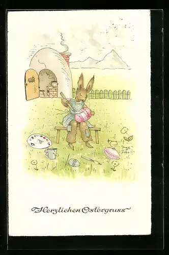Künstler-AK Inge Schott: Osterhase beim Bemalen von Eiern vor seiner Hütte