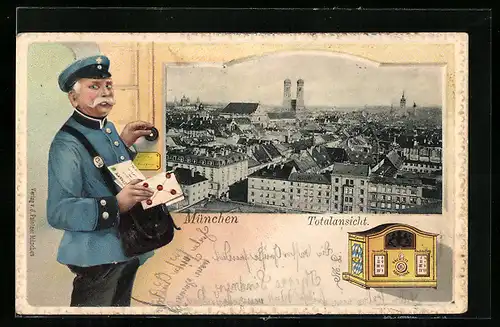 Passepartout-Lithographie München, Totalansicht, Briefkasten, Briefträger an der Haustür