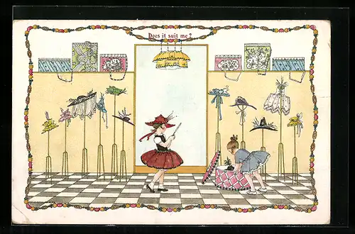 Künstler-AK Mela Köhler: Mädchen bei der Hutprobe