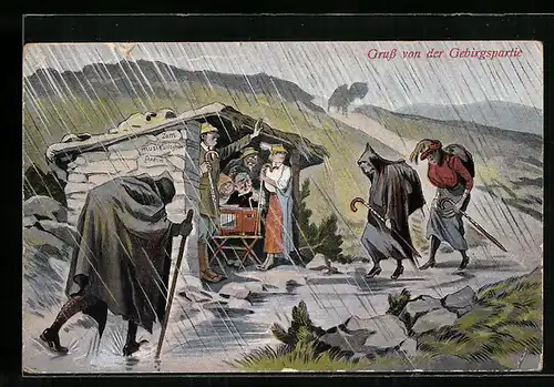 AK Wanderer und Leierkastenmann treffen sich bei Regen in einer Schutzhütte
