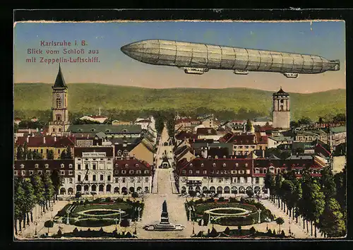 AK Karlsruhe i. B., Zeppelin-Luftschiff über dem Schloss