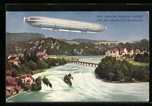 Künstler-AK Schaffhausen, Graf Zeppelins Luftschiff über dem Rheinfall