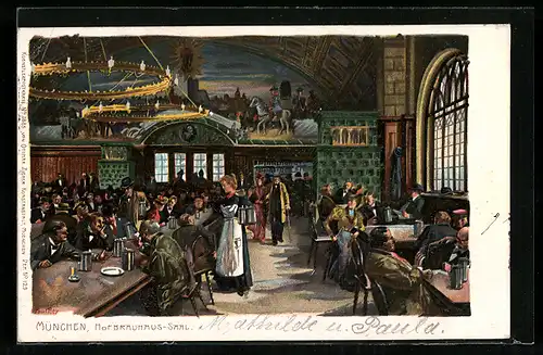 Künstler-Lithographie P. Hey: München, Münchner Hofbräuhaus, Saal