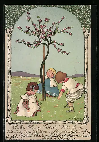 Künstler-AK Gertrud Caspari: Drei Kinder auf einer Wiese unter blühendem Baum