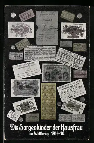 AK Die Sorgenkinder der Hausfrau im Weltkrieg 1914-16, Kriegsnot