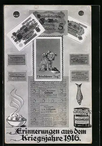 AK Fleischloser Tag, Hund vor leerem Napf, Kriegsnot, Notgeld