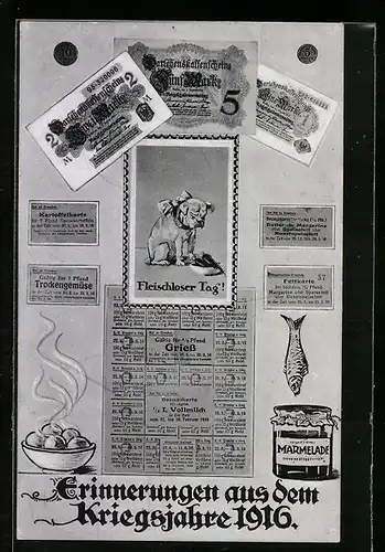 AK Kriegsjahr 1916, Lebensmittelkarten, Marmelade, Fisch, Fleischloser Tag