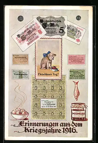 AK Erinnerungen aus dem Kriegsjahre 1916, Essenmarken, Darlehensscheine