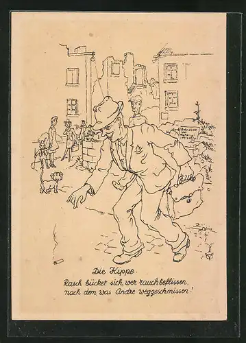 Künstler-AK BRD, Mann findet eine Kippe auf der Strasse, Kriegsnot