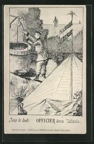 AK Soldat liegt in einem Zelt, während ein Kamerad Wasser aus dem Brunnen holt, Propaganda Entente