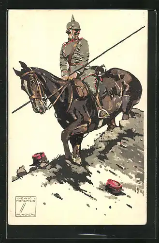Künstler-AK Ludwig Hohlwein: Soldat mit Pickelhaube und feldgrauer Uniform reitet mit seinem Pferd über einen Hügel