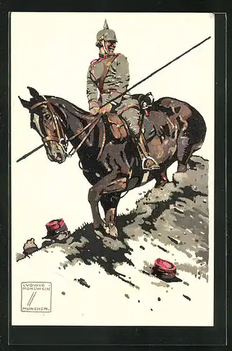 Künstler-AK Ludwig Hohlwein: Soldat mit Pickelhaube und feldgrauer Uniform zu Pferde