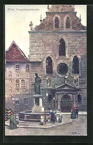 Künstler-AK Rudolf Preuss: Wien, Franziskanerkirche mit Brunnen