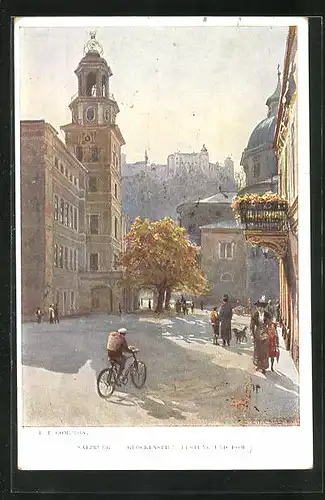 Künstler-AK Edward Theodore Compton: Salzberg, Glockenspiel, Festung und Dom mit Radfahrer