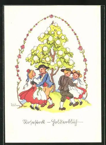 Künstler-AK Liesel Lauterborn: Paare tanzen um einen Baum