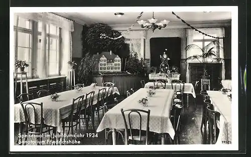 AK Oberachern, Festpostkarte Jubiläum des Kurhotels Friedrichshöhe 1934, Innenansicht Speisesaal