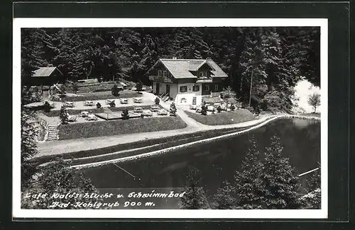 AK Bad Kohlgrub, Cafe Waldschlucht und Schwimmbad aus der Vogelschau