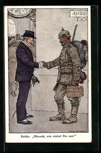 Künstler-AK sign. Fritz Schoen: Soldat mit Pickelhaube und Herr geben sich die Hand, 1. Weltkrieg