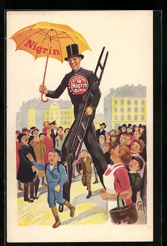 Künstler-AK Schornsteinfeger mit Reklame für Nigrin Schuhcreme
