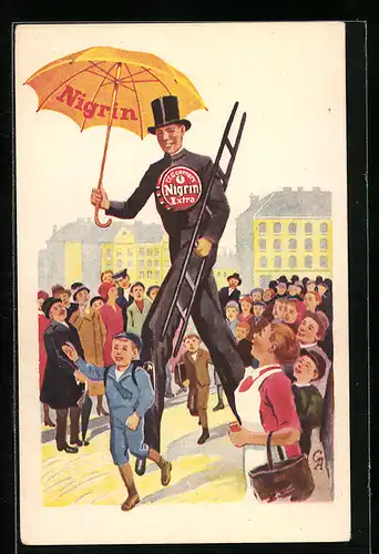 Künstler-AK Schornsteinfeger mit Reklame für Nigrin Schuhcreme