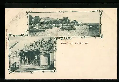 Passepartout-AK Makassar, Hafenpartie, Pagode