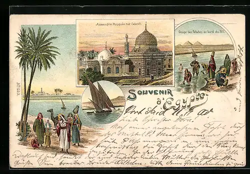 Lithographie Alexandrie, Mosquée rue Cafarelli, Fellahes au bord du Nil