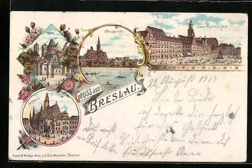 Lithographie Breslau, Dom, Kreuzkirche, Sieben Kurfürtsen Seite, Rathaus