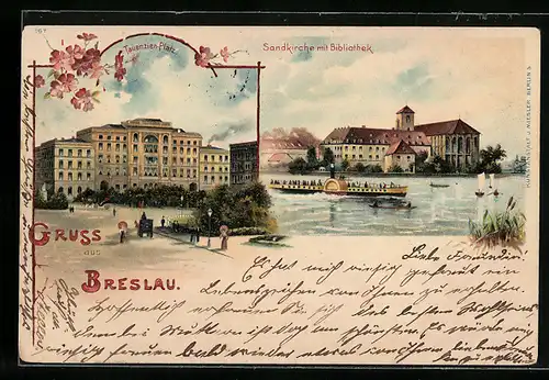 Lithographie Breslau, Tauentzienplatz, Sandkirche mit Bibliothek