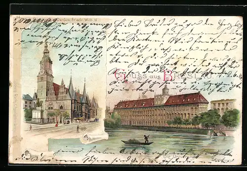 Lithographie Breslau, Universität, Rathaus mit Denkmal Friedr. Wilh. III.