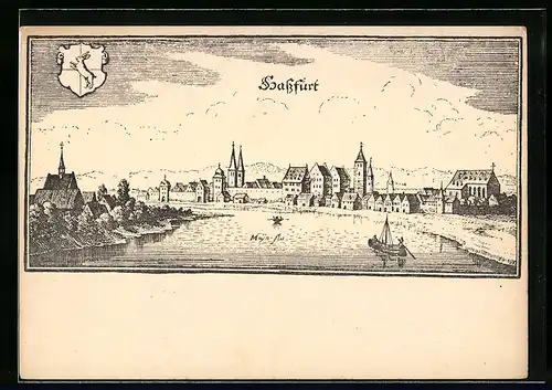 Künstler-AK Hassfurt, Historische Stadtansicht mit Wappen