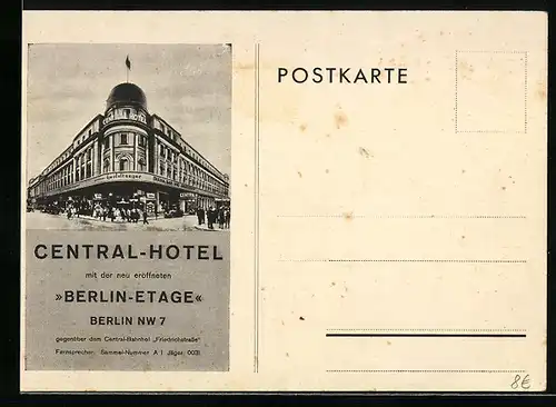 AK Berlin, Central Hotel mit neueröffneter Berlin-Etage