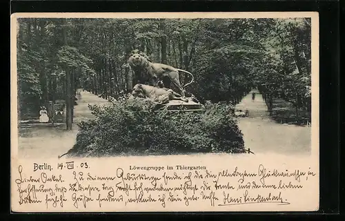 AK Berlin-Tiergarten, Löwengruppe im Thiergarten