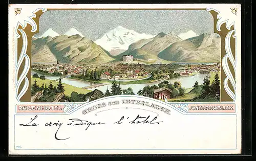 Lithographie Interlaken, Gesamtansicht aus der Ferne, Rugenhotel, Jungfraublick