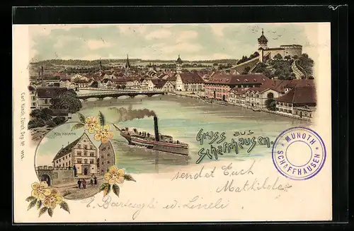 Lithographie Schaffhausen, Totalansicht, Alte Kaserne, Dampfer