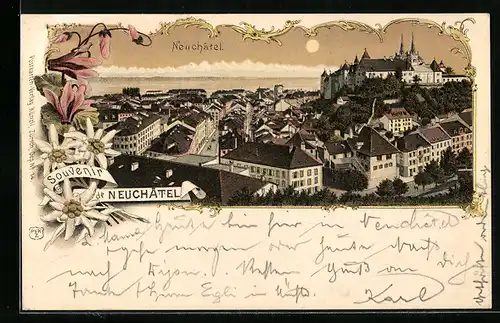 Lithographie Neuchâtel, Ortsansicht aus der Vogelschau
