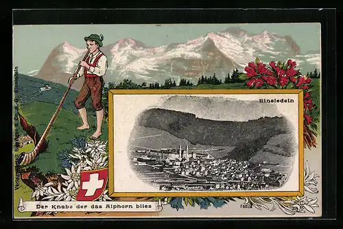 AK Einsiedeln, Panorama, Alphornbläser und Wappen