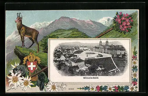 Passepartout-Lithographie Einsiedeln, Sicht über den Ort im Rahmen, Edelweiss