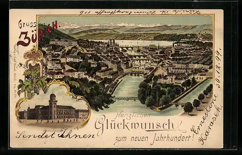 Lithographie Zürich, Postgebäude, Gesamtansicht