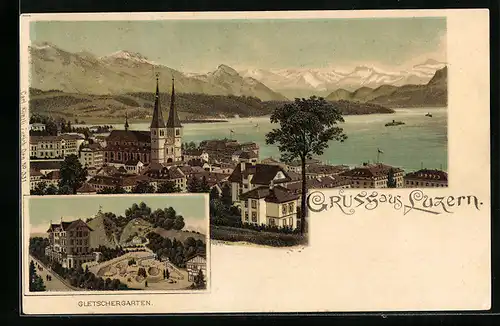 Lithographie Luzern, Gletschergarten, Panorama mit See und Gebirge