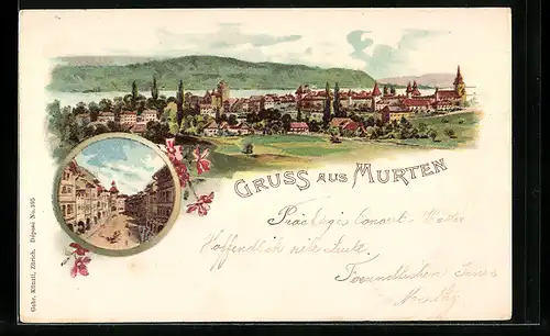 Lithographie Murten, Strassenpartie aus der Vogelschau, Panorama