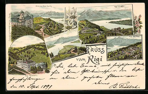 Lithographie Rigi, Ansichten von Kulm, Klösterli, Kaltbad und Staffel