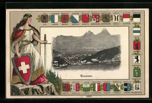 AK Brunnen, Stadtpanorama, Helvetia mit Schwert und Wappen, Kantonswappen