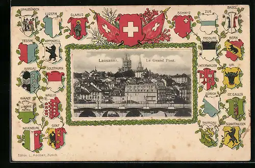 Passepartout-Lithographie Lausanne, Le Grand Pont, Kantone-Wappen