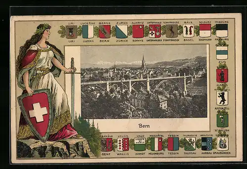 AK Bern, Blick über die Stadt, Helvetia mit Schwert und Wappen