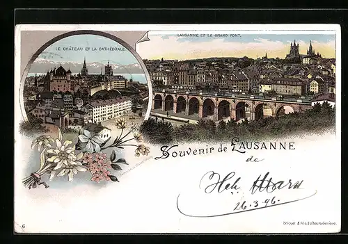 Lithographie Lausanne, Le Château et la Cathédrale, Le Grand Pont