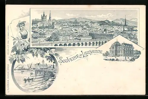 Lithographie Lausanne, Blick zum Ort, Uferpartie, Gebäudeansicht, Dame in Tracht