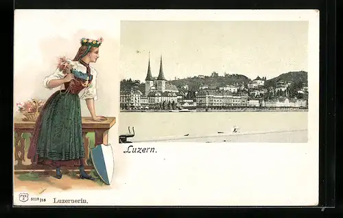 Lithographie Luzern, Blick über das Wasser auf die Stadt, Luzernerin in Tracht mit Wappen