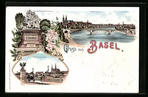 Lithographie Basel, Wettsteinbrücke, Denkmal der Stadt Strassburg, General-Ansicht